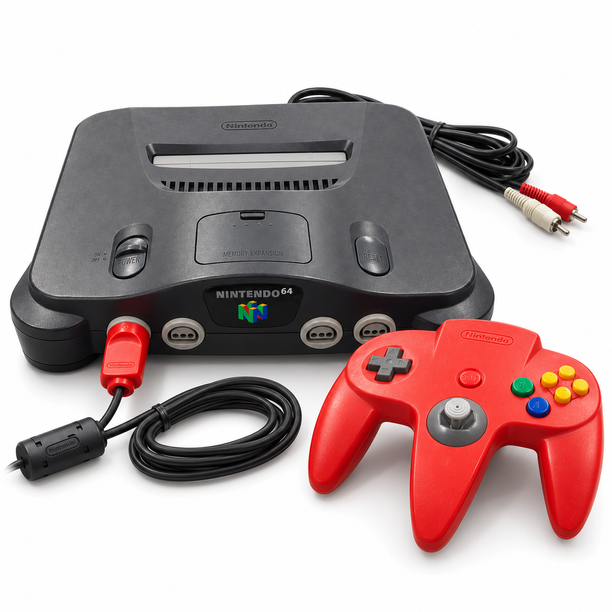 Nachgebildete Produktabbildung: schwarze Nintendo 64 mit rotem Controller und AV-Kabel