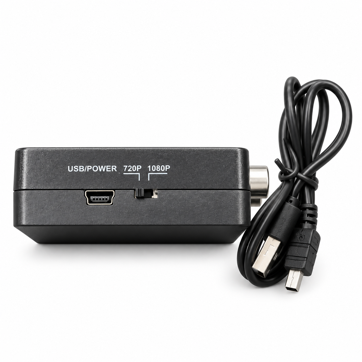 Nachgebildete Detailabbildung: USB-Stromanschluss und 720p/1080p-Schalter am AV2HDMI-Konverter
