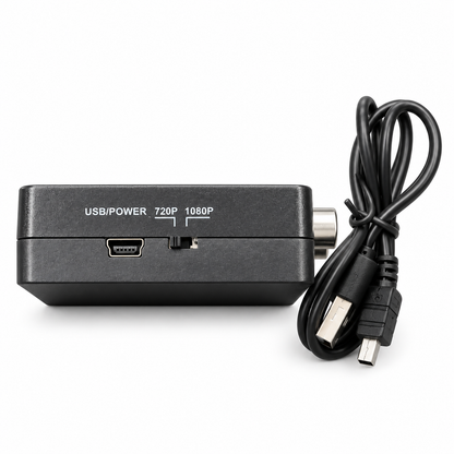 Nachgebildete Detailabbildung: USB-Stromanschluss und 720p/1080p-Schalter am AV2HDMI-Konverter