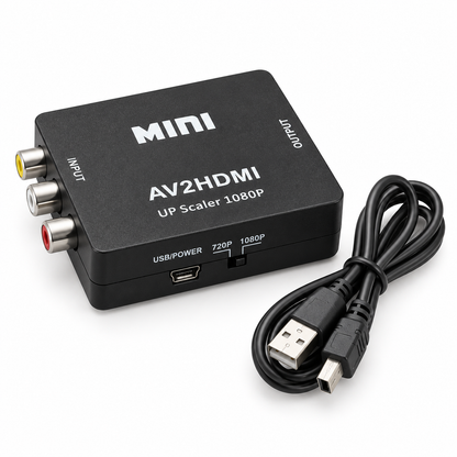 Nachgebildete Produktabbildung: schwarzer MINI AV2HDMI-Konverter mit USB-Stromkabel